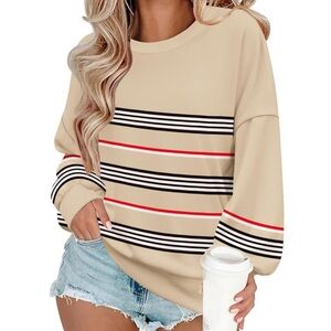 Zeagoo Beige Sweatshirt with Black and Red Stripes